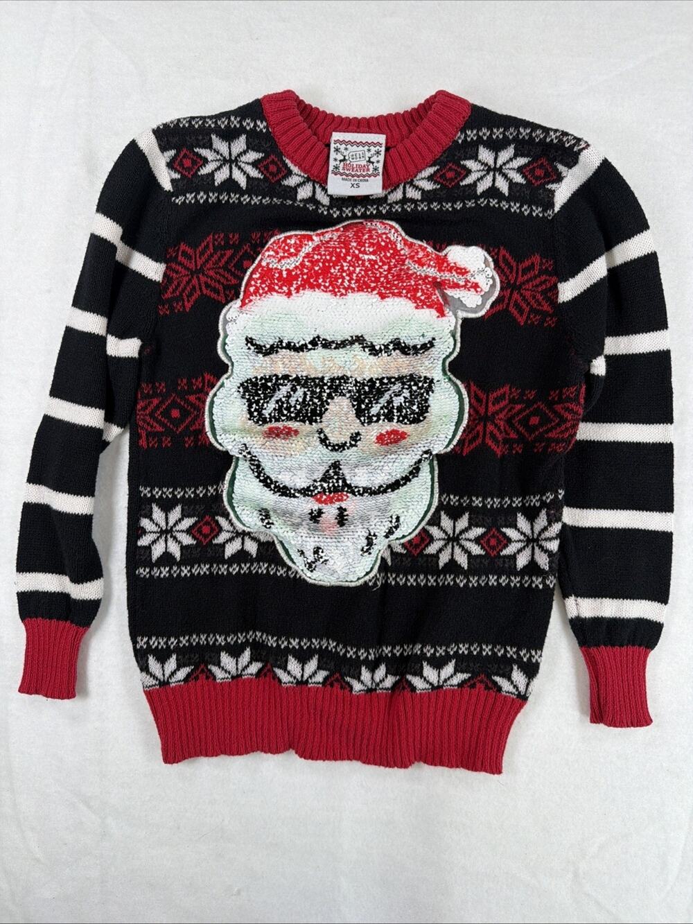 Well Worn Brand Holiday Sweater Christmas Santa Sequin Black White Kids XS
